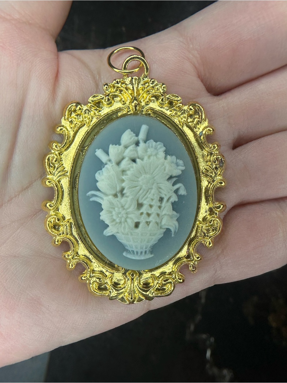 Vintage Gold-Tone Blue Cameo Pendant Necklace with White Floral Relief